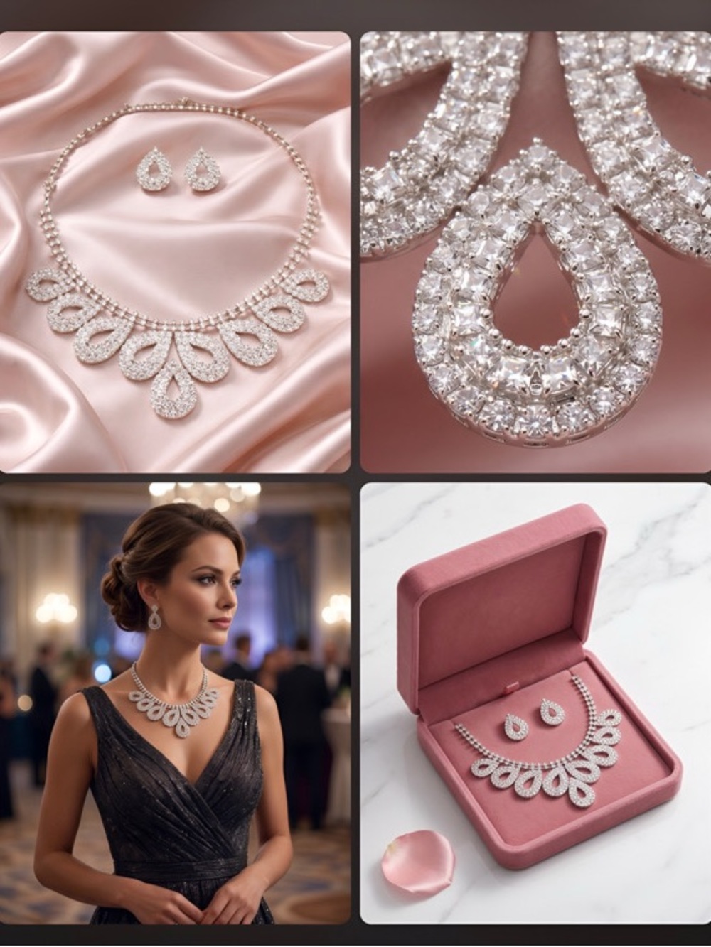 Elegant Silver Crystal Teardrop Statement Necklace & Earrings - Silver-Tone